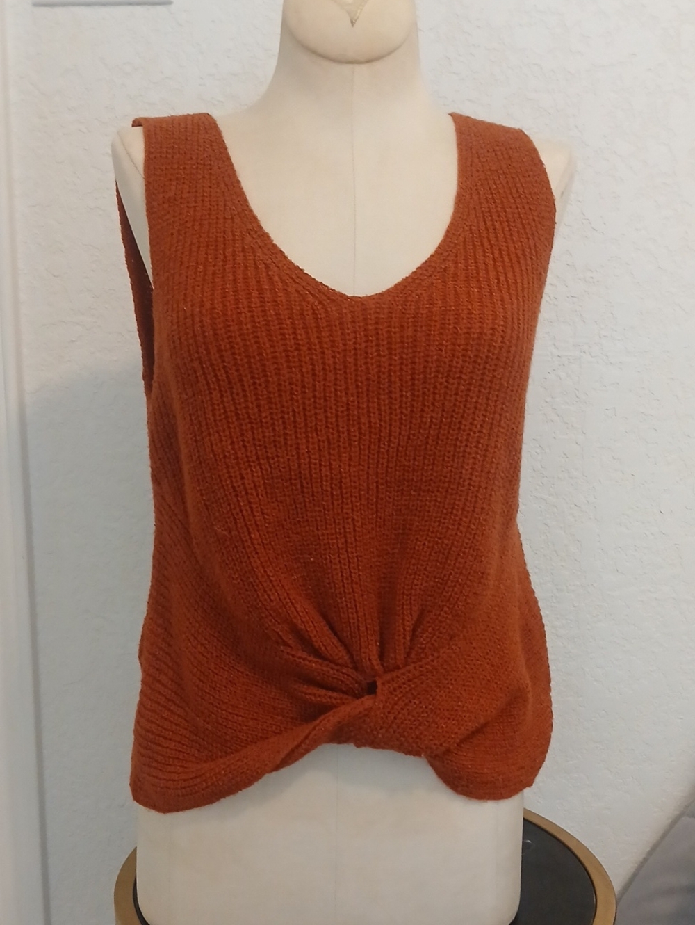 Madison Burnt Orange Knit Twist-Front V-Neck Tank